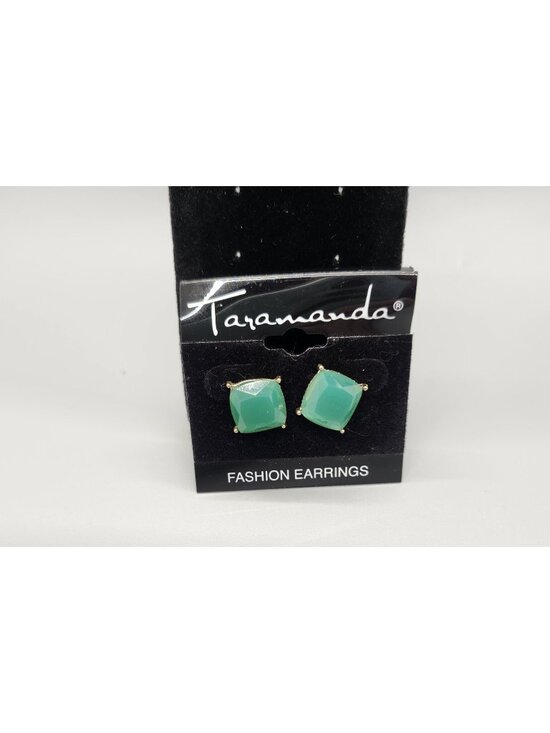 Taramanda Jewelry - Taramanda Cushion Stud Earrings 15mm Green Stone Gold Tone Faceted Fashion
